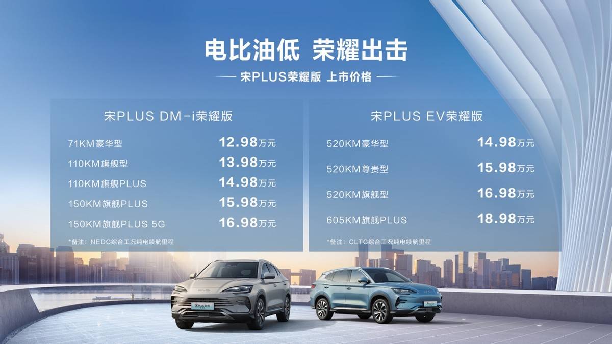 电比油低 荣耀出击！宋PLUS荣耀版、海豹DM-i荣耀版劲爆上市